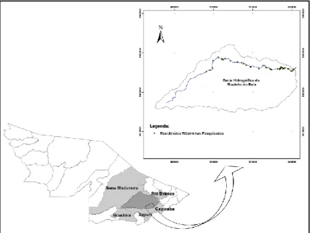Figura 1 – Bacia hidrográfica do Riozinho do Rôla, seu curso d’água principal e a localização das famílias ribeirinhas  pesquisadas