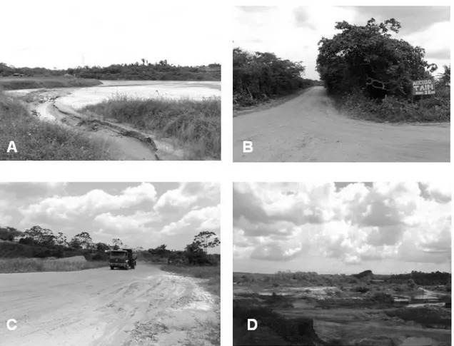 Fig. 09: Alguns dos impactos ambientais identificados. (A) assoreamento do corpo hídrico, (B) fragmentação da cobertura  vegetal, (C) aumento no tráfego de veículos pesados e (D) Perda da cobertura vegetação.Fonte: Autores, 2011