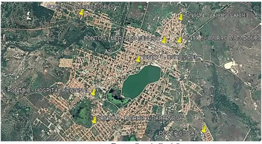 Figura 02 – Pontos de coleta de água na zona urbana de Campo Maior – PI. 1 – Rodoviária Municipal