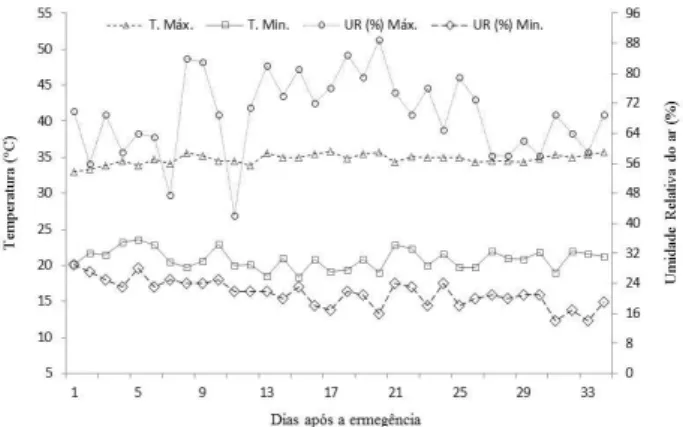 Figura 1. Temperatura e umidade relativa do ar maxima e minima  durante o desenvolvimento da cultura da alface