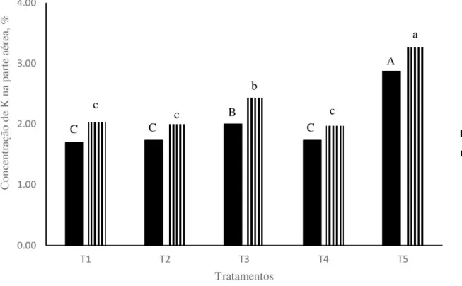 Figura 5. Concentração de K na parte aérea em função dos tratamentos utilizados: T1: testemunha; T2: esterco; T3: 