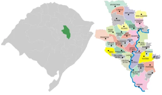 Figura 1  –  Mapa do Rio Grande do Sul, e mapa representando os 36 municípios do Vale do Taquari