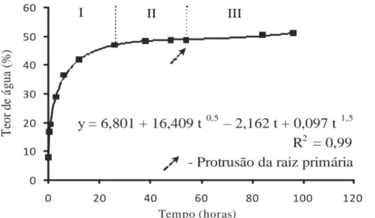 Figura 1. Variação do teor de água em função do tempo de sementes de cenoura cv. Brasília via  hidrocondicionamento em papel