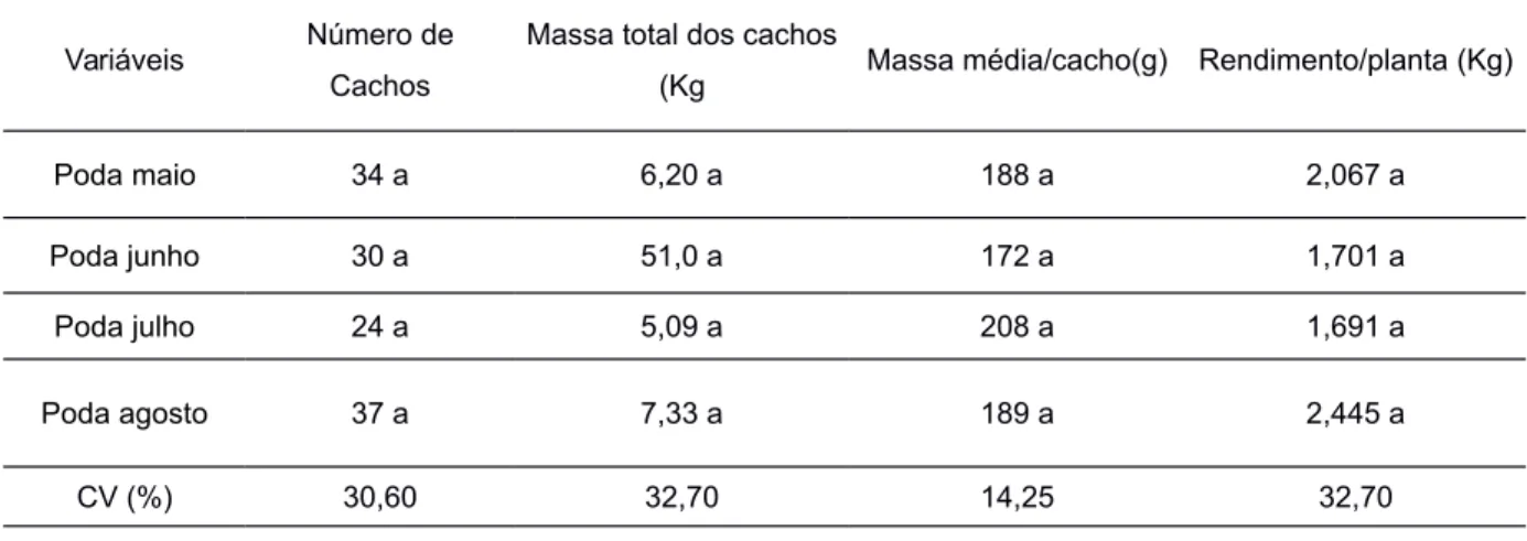 Tabela 4 - Dados de produção da Vitis vinifera L. ‘Tannat’ submetida a diferentes épocas de poda seca, Dom Pedrito/RS, Safra 2015/2016.