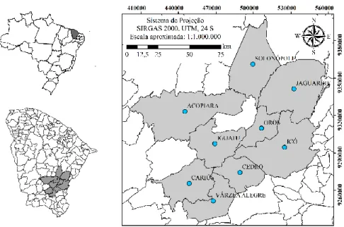 Figura 1 - Distribuição das estações pluviométricas na região sudeste do estado do Ceará, Brasil