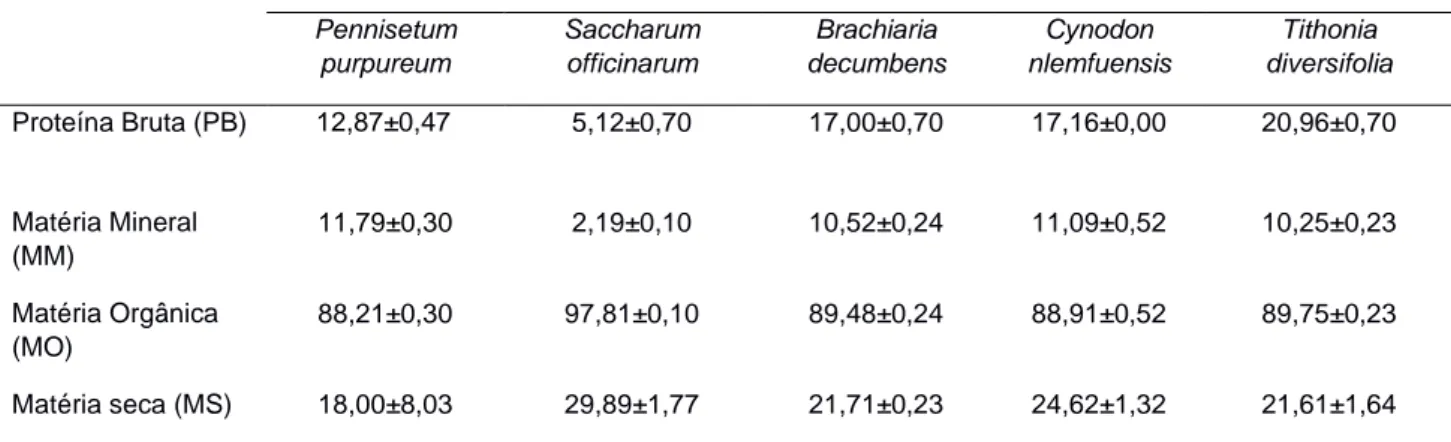 Tabela 2 – Média e erro padrão da composição químico-bromatológica de Pennisetum purpureum, Saccharum  officinarum, Brachiaria decumbens, Cynodon nlemfuensis e Tithonia diversifolia (%MS) 