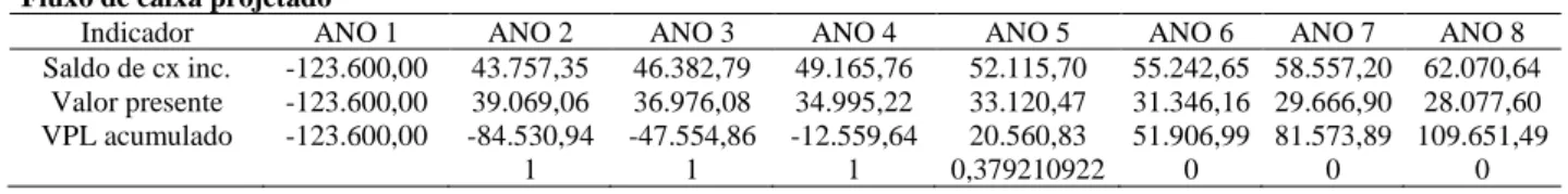 Tabela 8 - Segundo fluxo de caixa projetado 