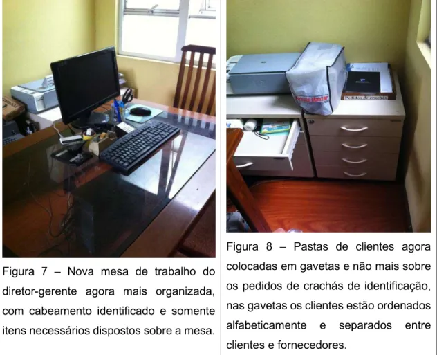 Figura  7  –  Nova  mesa  de  trabalho  do  diretor-gerente  agora  mais  organizada,  com  cabeamento  identificado  e  somente  itens necessários dispostos sobre a mesa