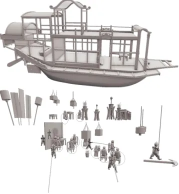 Figure 5: The main structure of the Chinese junk’s 3D model, and some of the decorative elements.