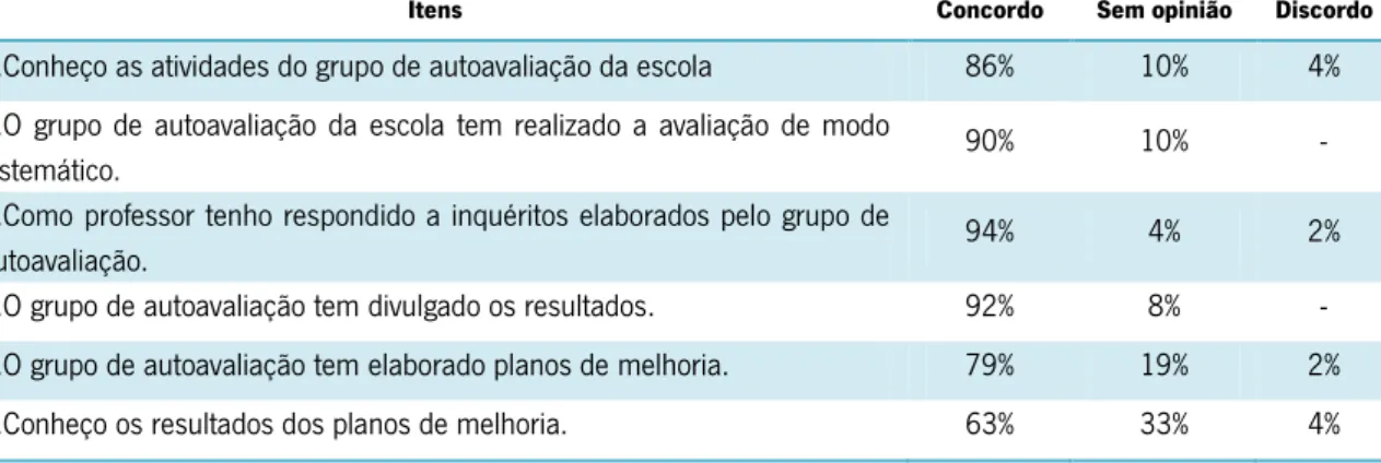 Tabela 8 – Autoavaliação/Avaliação interna (percentagens) 