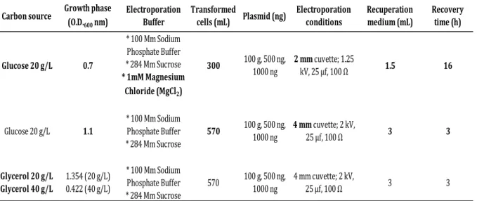 Table  3.1.  C.  pasteurianum   preliminary  electrotransformation  parameters.  Each  experiment  was  performed  in  duplicated