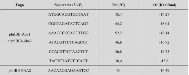 Tabela 2.3 - Sequências possíveis param a sonda dos fagos phiIBB-Aba1 e phiIBB-Aba2 e os seus  parâmetros termodinâmicos