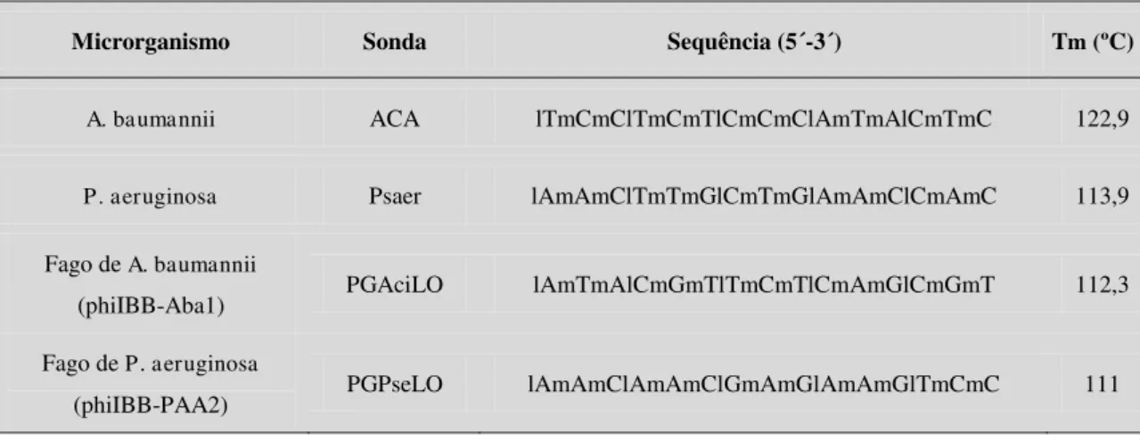 Tabela 2.4 - Tm para as sondas de LNA/2-O-metil para as bactérias e fagos 