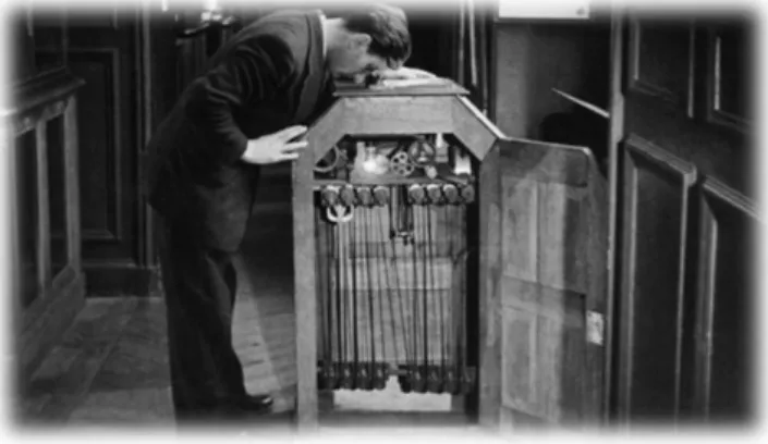 Figure 1: A man looking down the peephole in an open kinetoscope 