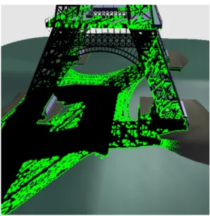 Figure 14: Green pixels mark where shadow mapping samples disagree in the Hybrid GPU-CPU Renderer