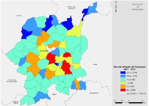 Figura 11. Taxa de Variação da População 2001 – 2011 nas freguesias do município de  Guimarães 