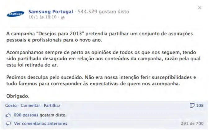 Figura  4:  Post da  Samsung  Portugal  na  página  de  Facebook,  publicado  a  10  de  janeiro  de  2013,  disponível online: 