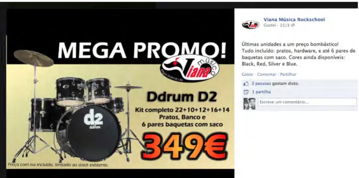 Figura  7:  Promoção  em  bateria  Ddrum  D2,  publicada  a  15  de  março  de  2013,  https://www.facebook.com/