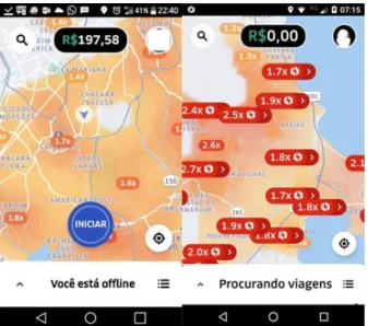 Figura 1: Capturas de tela contendo representação do preço dinâmico na interface do  Uber Driver 
