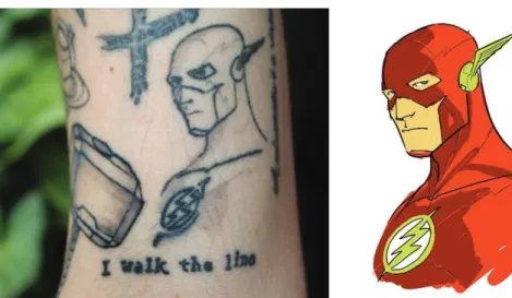 Figura 3: Imagem do personagem Flash: (A) como tatuagem no braço de  PB; (B) em ilustração de divulgação do personagem na série Os Novos 52.