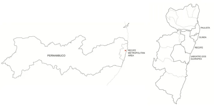 Figure 3. Situation of the RMR within the State of Pernambuco (left) and location of the cities where most of the  accidents related to the box-buildings occurred within the Recife Metropolitan Area (right)