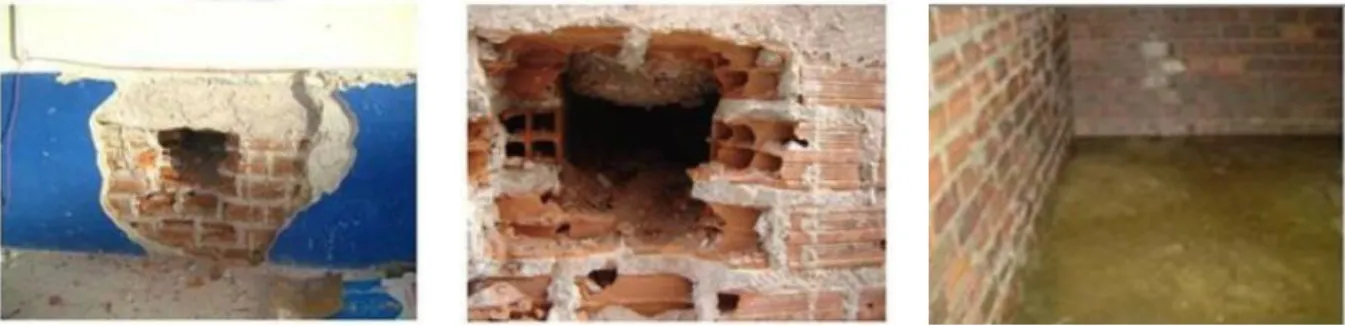 Figure  15.  Visual inspection of the foundations: (left) opening in the foundations masonry walls with a concrete  tie-beam on top of the wall; (middle) masonry units positioned horizontally and laying on the  largest dimension; 