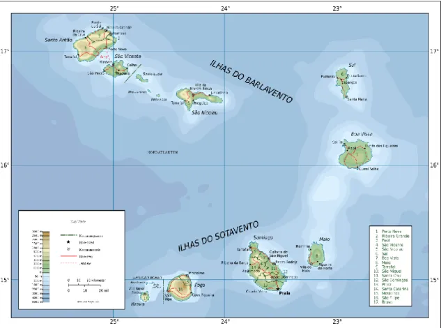 Figura 1: Mapa topográfico de Cabo Verde, retirado de wikipedia, acedido em Junho de 2013