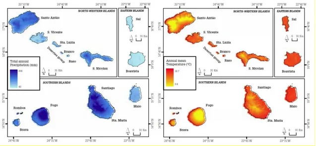 Figura 2: Precipitação anual (mm) e temperatura média anual (ºC) no arquipélago de Cabo Verde (Datum WGS84,  adaptado de Hijmans et al., 2005)