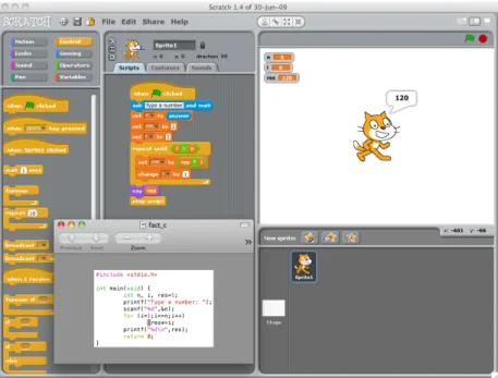 Figura 2.1: Ambiente do Scratch mostrando um script que calcula o factorial de um n´ umero inteiro, sendo o resultado apresentado pelo Sprite no Palco