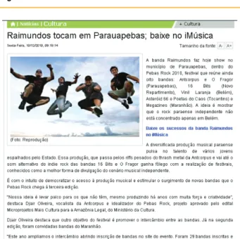 Figura 3: Notícia do Festival Pebas Rock 2010 no site Diário do Pará.