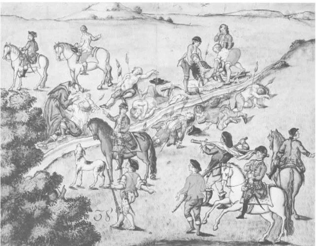 Figura 4: Prancha 38, de Joaquim José de Miranda, retratando os fatos do dia 8 de janeiro de  1772: ataque do &#34;gentio Xaclan&#34; à expedição de Afonso B