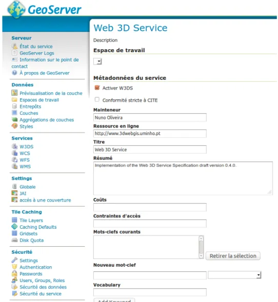 Figure 4.3: Print screen of W3DS service configuration page.