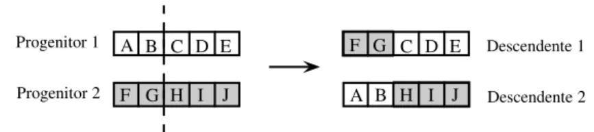 Figura 2.4: Ilustração do operador de cruzamento de um ponto dois descendentes (ver Figura 2.5).