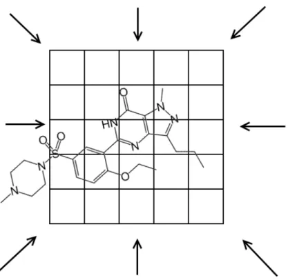 Figure 3.5 An example grid (in 2D) with a ligand partially inside. The arrows represent a force applied to the atoms that fall outside the box as a penalty