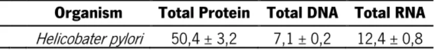 Table 3. Experimental values of the macromolecular components Protein, DNA and RNA. 