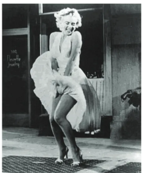 Figura 1: Marilyn Monroe com a saia voando sobre   um respiradouro do metrô de Nova York, cena do   filme O pecado mora ao lado (Billy Wilder, 1955)