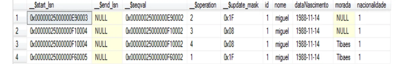 Figura 2-9: Conteúdo de uma tabela CDC em SQL Server 2008. 