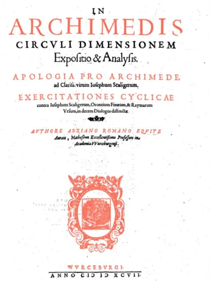 Figura 1: Frontisício da obra In Archimedis circuli dimensionem de van Roomen. 