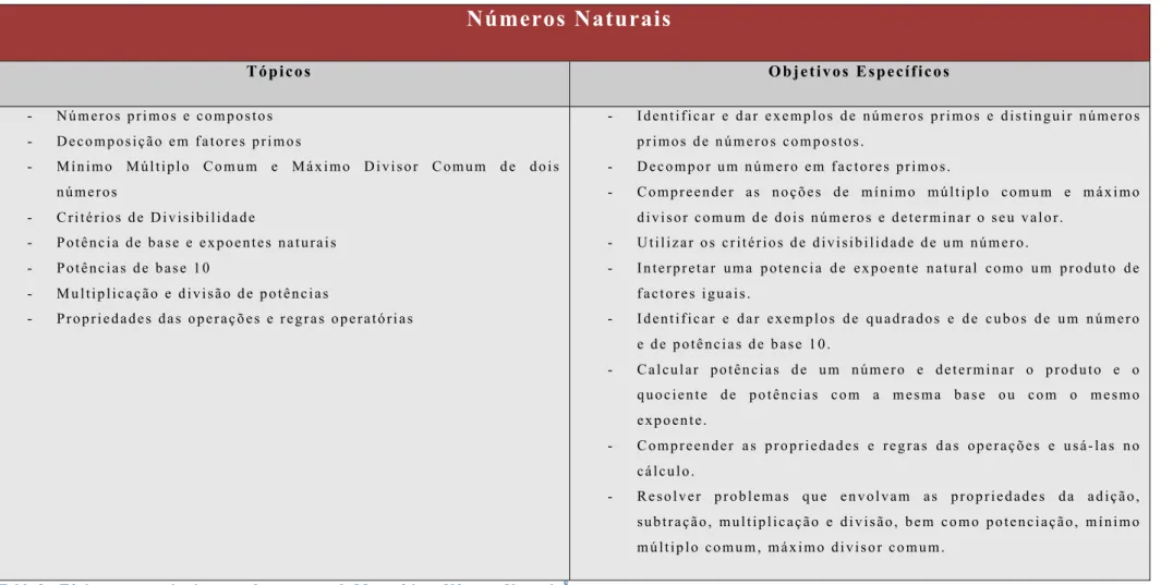Table 2 – Tópicos para o primeiro tema do programa de Matemática – Números Naturais  8