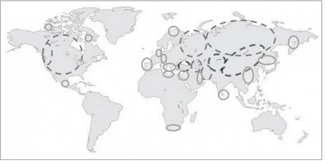 Figura  1:  Distribuição  das  espécies  selvagens  do  género  Allium :  linha  continua-  menos  de  50  espécies;  linha  tracejada- entre 50 a 149 espécies; linha duplo tracejado- entre 150 a 210 espécies (adaptado de Fritsch e Friesen,  2002)