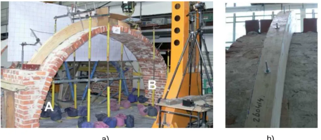 Fig. 2.14. a) View of the experimental arch strengthened with glulam beam; 