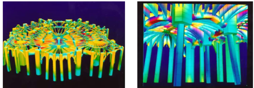 Fig. 3.1. Linear elastic analysis of the Crypt of the Güell Colony in Barcelona, [37]