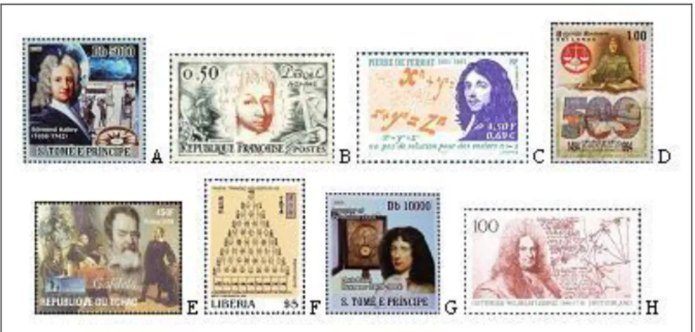 Figura  1.  Selos  postais  emitidos  por  diferentes  países  retratando  alguns  cientistas  que  se  envolveram  com  a  Estatística  no  período  do  século  XII  ao  XVII e algumas de suas contribuições científicas: (A) – Edmond Halley; (B)  – Blaise 