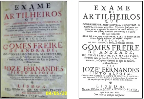 Fig. 1 e 2 - Folha de rosto do livro Exame de Artilheiros, exemplar original, datado  de 1744