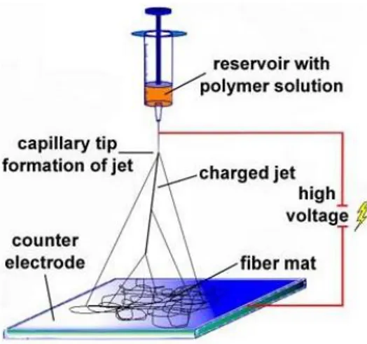 Figure  2.1  Electrospinning  setup  composed  by  an  electric  power  supply,  a  syringe  pump  and  collector