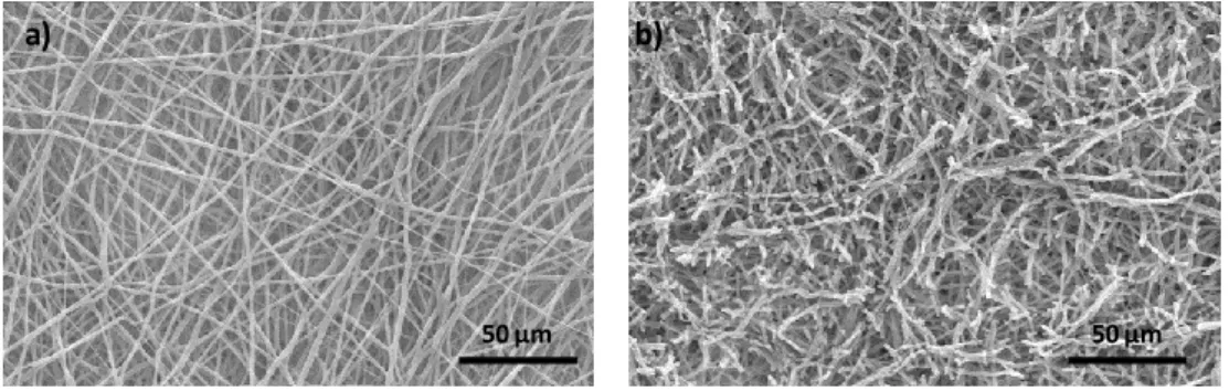 Figure 2.2 SEM analysis of an electrospun PCL NFM at 500X magnification: a) not subjected to  any physicochemical treatment and b) after UV-ozone and aminolysis functionalization