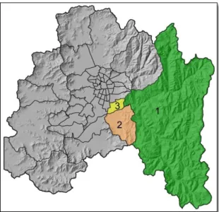 Figura  2.4.  Comunas  de  la  Provincia  Cordillera.  Los  números  corresponden  a:  1)  San  José  de  Maipo;  2)  Pirque;  3)  Puente Alto