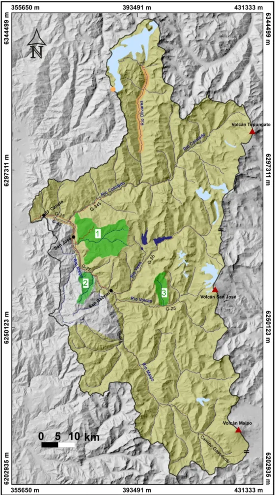Figura 2.5. Mapa general de antecedentes Físicos, Patrimoniales y Rutas de la Comuna de San José de Maipo
