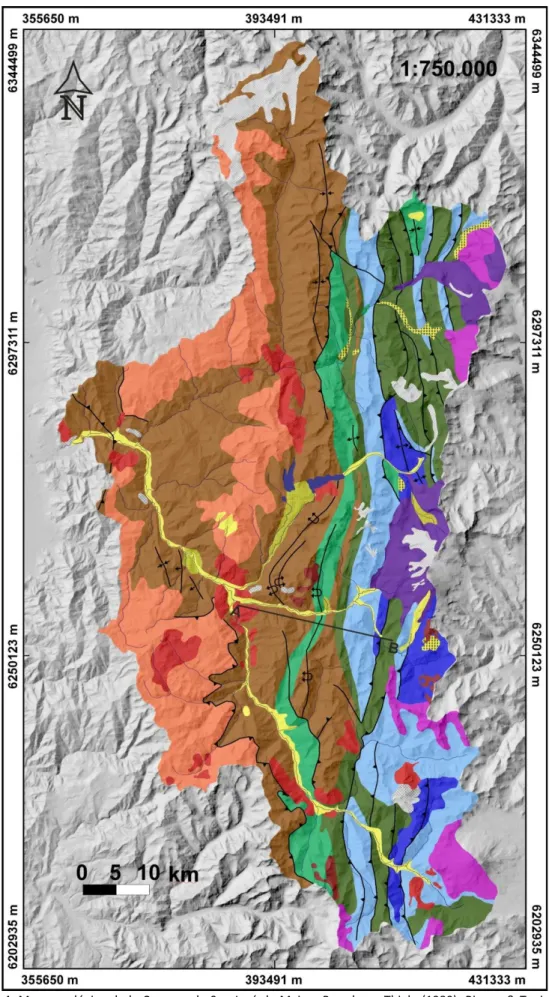 Figura 3.4. Mapa geológico de la Comuna de San José de Maipo. Basado en Thiele (1980),  Rivano &amp; Tapia (2004),  SERNAGEOMIN (2004), Fock (2005) y Muñoz (2011)