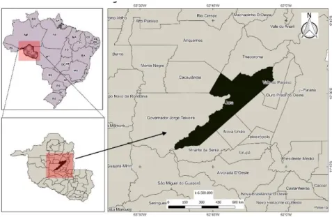 Figura  01  -  Mapa  do  município  de  Jaru/RO  em  contexto  de  estado  e  região  demonstrando o local da área de estudo 